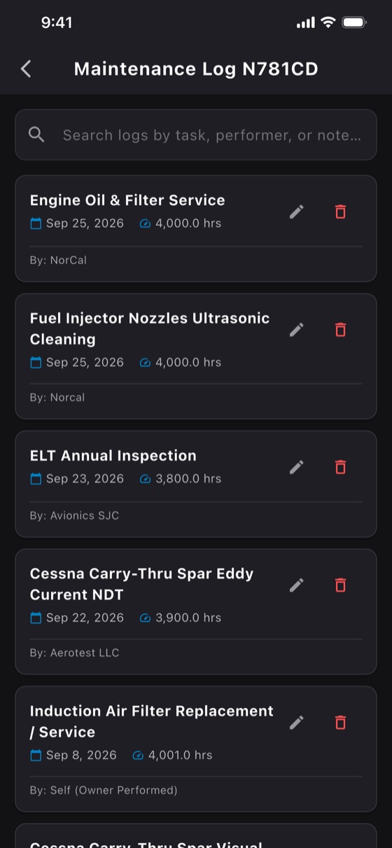 Maintenance log history